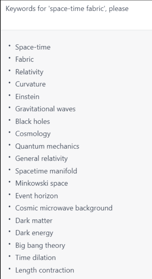 Keywords for Space Time