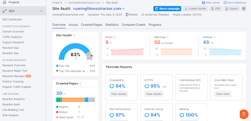 Semrush's site auditing capabilities