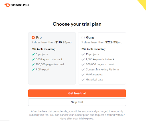 Semrush- Choose your free trial plan Semrush- Choose your free trial plan