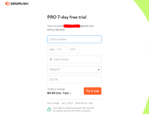 Semrush- Fill your payment details Semrush- Fill your payment details