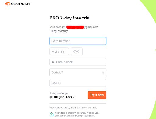 Semrush- Fill your payment details