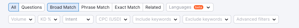 Filters to sort the keyword Filters to sort the keyword